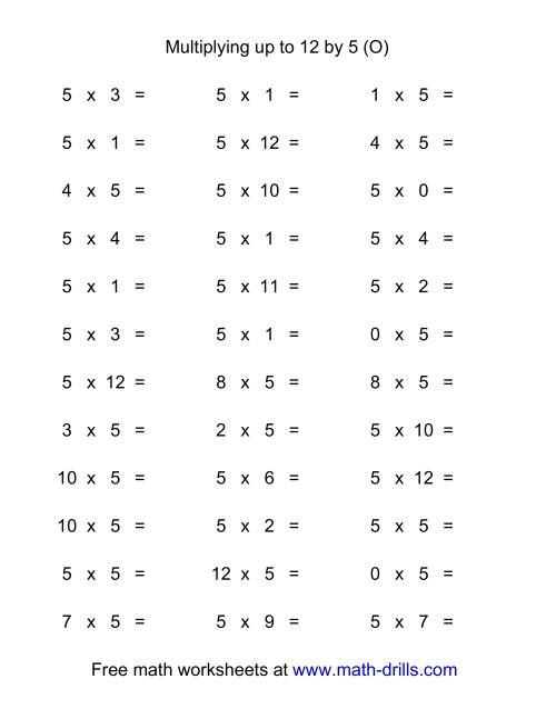 The 36 Horizontal Multiplication Facts Questions -- 5 by 0-12 (O) Math Worksheet