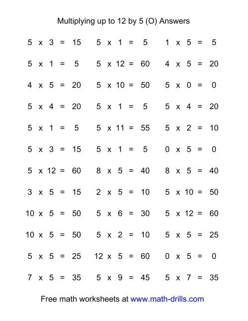 The 36 Horizontal Multiplication Facts Questions -- 5 by 0-12 (O) Math Worksheet Page 2