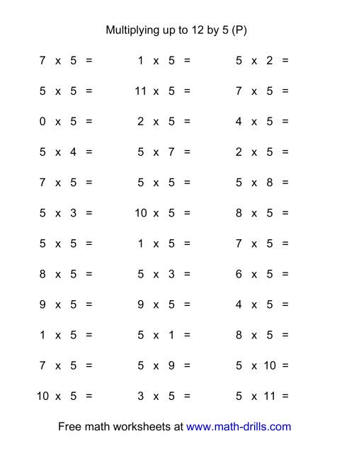 The 36 Horizontal Multiplication Facts Questions -- 5 by 0-12 (P) Math Worksheet