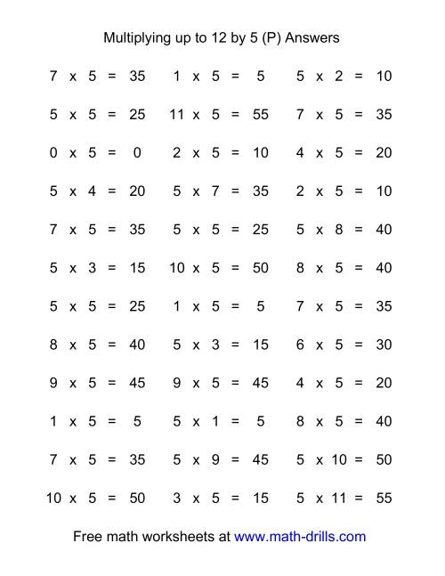 The 36 Horizontal Multiplication Facts Questions -- 5 by 0-12 (P) Math Worksheet Page 2