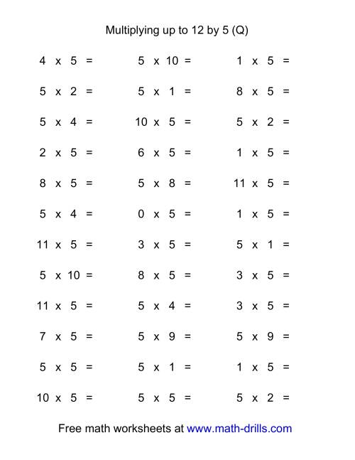 The 36 Horizontal Multiplication Facts Questions -- 5 by 0-12 (Q) Math Worksheet