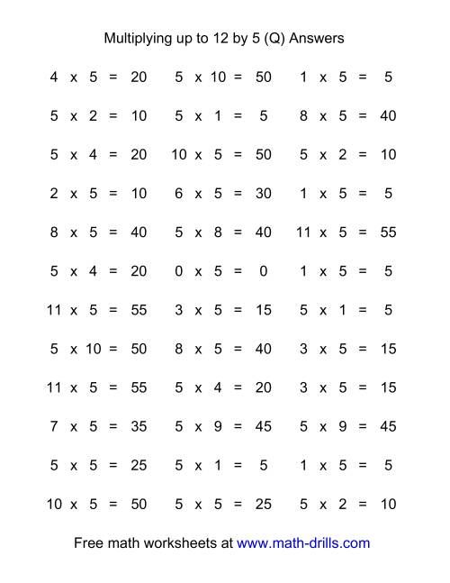 The 36 Horizontal Multiplication Facts Questions -- 5 by 0-12 (Q) Math Worksheet Page 2