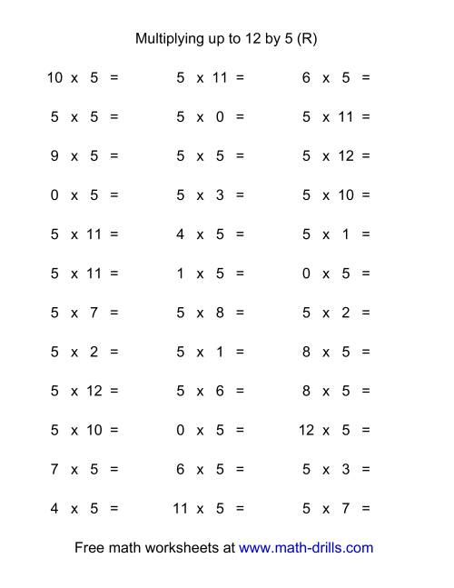The 36 Horizontal Multiplication Facts Questions -- 5 by 0-12 (R) Math Worksheet