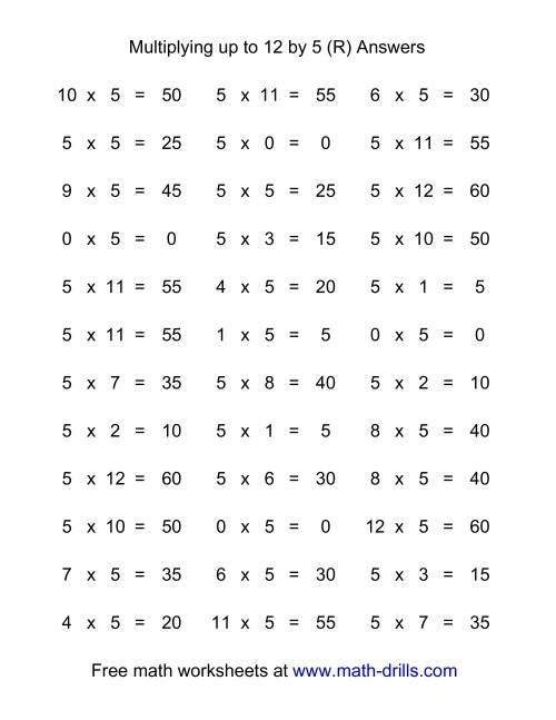 The 36 Horizontal Multiplication Facts Questions -- 5 by 0-12 (R) Math Worksheet Page 2