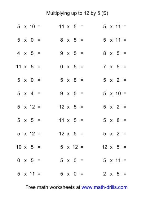 The 36 Horizontal Multiplication Facts Questions -- 5 by 0-12 (S) Math Worksheet