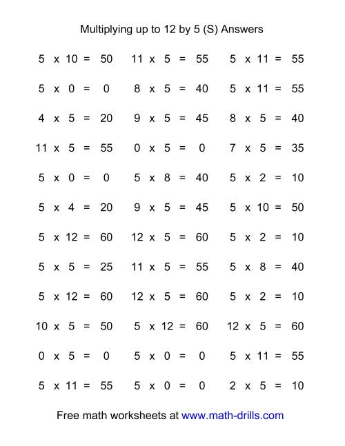 The 36 Horizontal Multiplication Facts Questions -- 5 by 0-12 (S) Math Worksheet Page 2