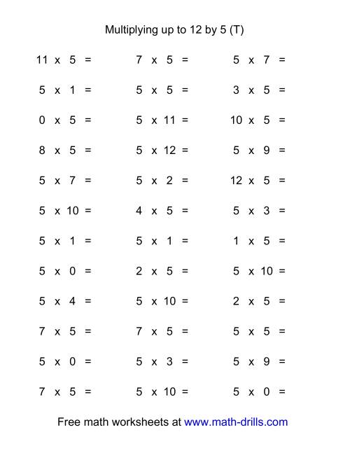 The 36 Horizontal Multiplication Facts Questions -- 5 by 0-12 (T) Math Worksheet