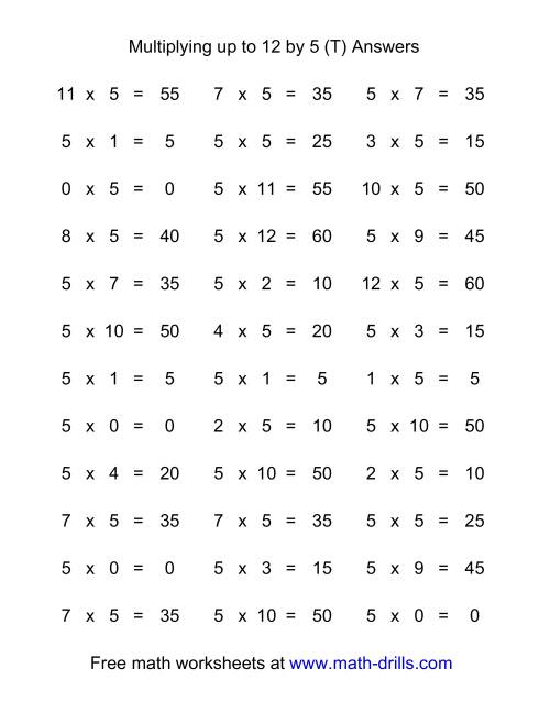The 36 Horizontal Multiplication Facts Questions -- 5 by 0-12 (T) Math Worksheet Page 2