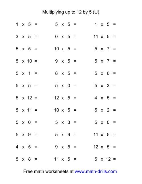 The 36 Horizontal Multiplication Facts Questions -- 5 by 0-12 (U) Math Worksheet