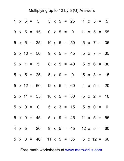 The 36 Horizontal Multiplication Facts Questions -- 5 by 0-12 (U) Math Worksheet Page 2