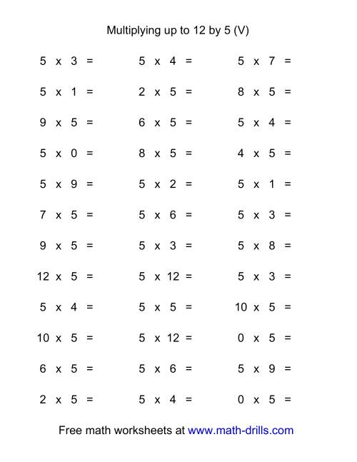 The 36 Horizontal Multiplication Facts Questions -- 5 by 0-12 (V) Math Worksheet