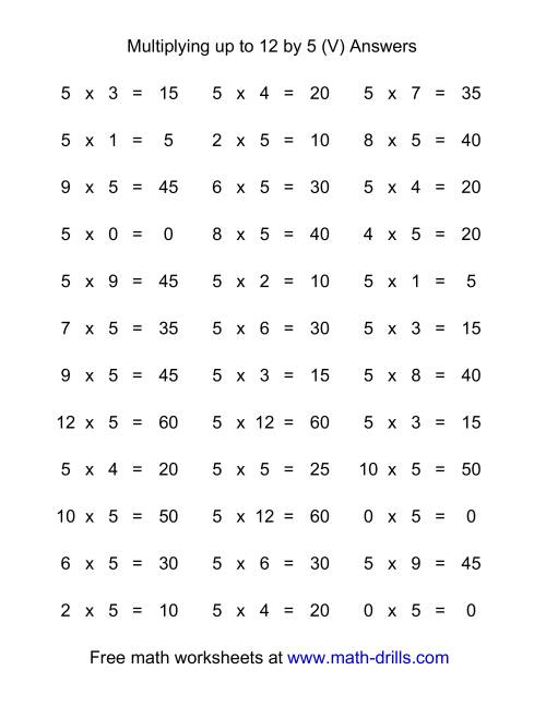 The 36 Horizontal Multiplication Facts Questions -- 5 by 0-12 (V) Math Worksheet Page 2