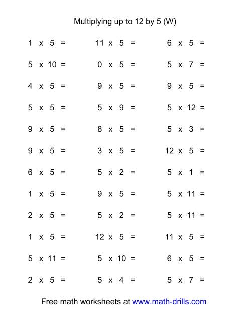The 36 Horizontal Multiplication Facts Questions -- 5 by 0-12 (W) Math Worksheet