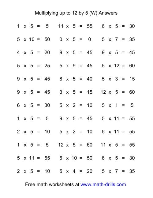 The 36 Horizontal Multiplication Facts Questions -- 5 by 0-12 (W) Math Worksheet Page 2