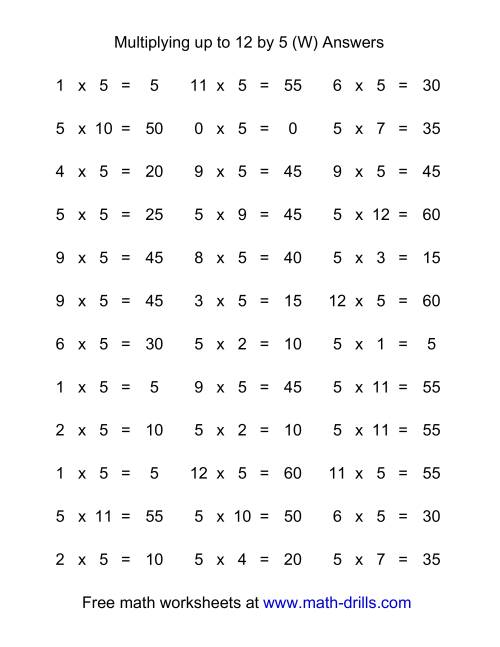 36 horizontal multiplication facts questions 5 by 0 12 w