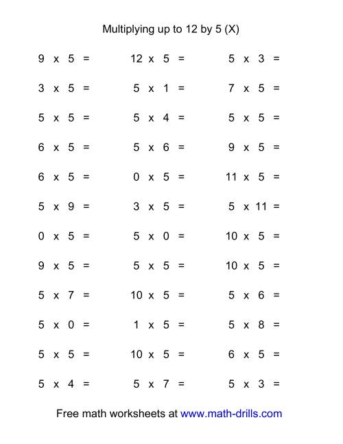The 36 Horizontal Multiplication Facts Questions -- 5 by 0-12 (X) Math Worksheet