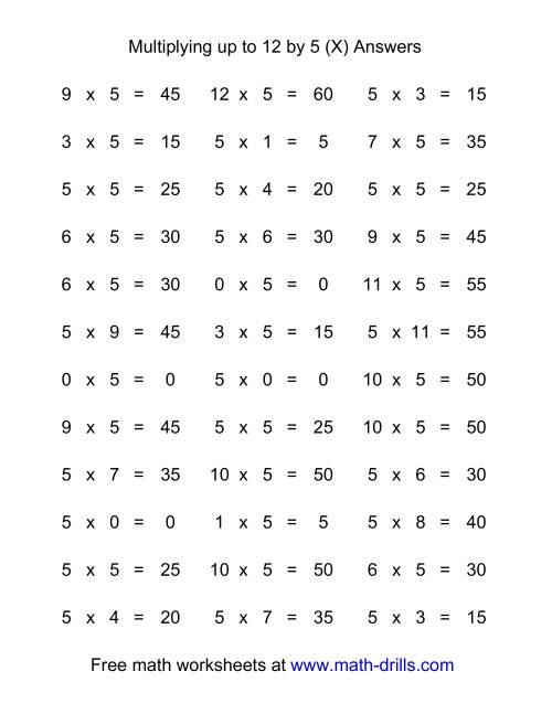 The 36 Horizontal Multiplication Facts Questions -- 5 by 0-12 (X) Math Worksheet Page 2