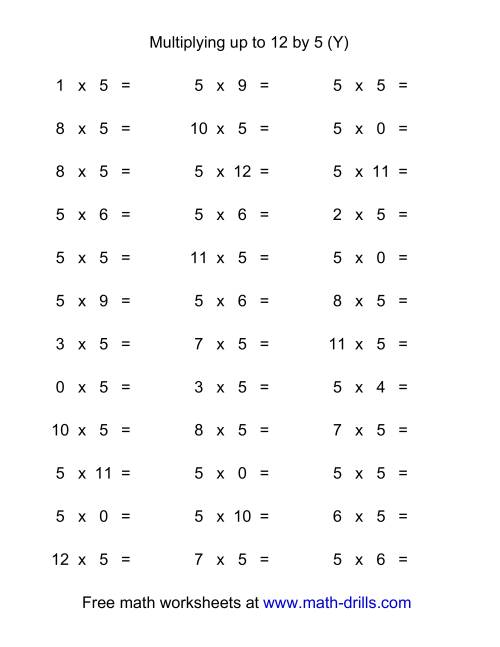 The 36 Horizontal Multiplication Facts Questions -- 5 by 0-12 (Y) Math Worksheet