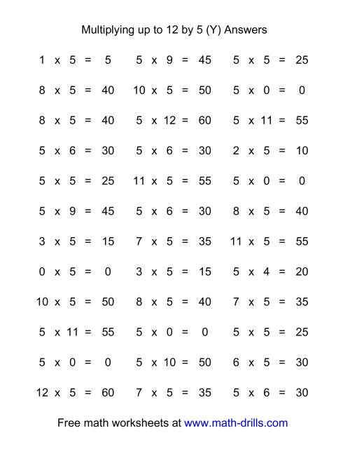 The 36 Horizontal Multiplication Facts Questions -- 5 by 0-12 (Y) Math Worksheet Page 2