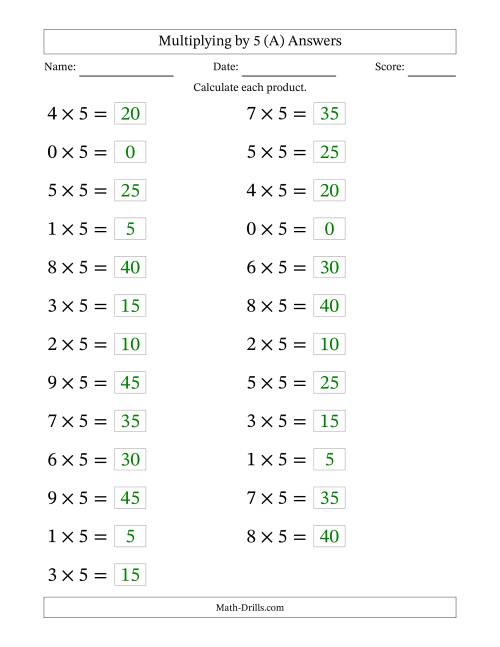 The Horizontally Arranged Multiplying (0 to 9) by 5 (25 Questions; Large Print) (A) Math Worksheet Page 2