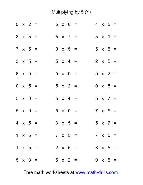 36 horizontal multiplication facts questions 5 by 0 9 y