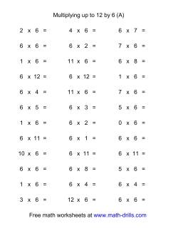 36 Horizontal Multiplication Facts Questions -- 6 by 0-12