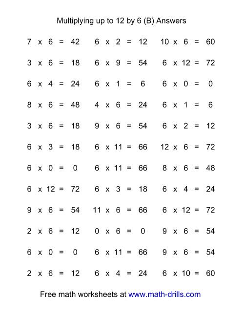 The 36 Horizontal Multiplication Facts Questions -- 6 by 0-12 (B) Math Worksheet Page 2