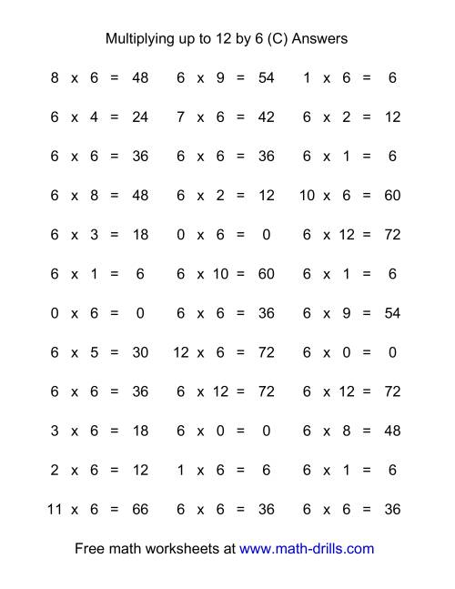 The 36 Horizontal Multiplication Facts Questions -- 6 by 0-12 (C) Math Worksheet Page 2