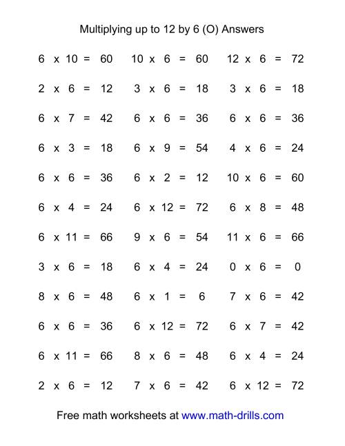 The 36 Horizontal Multiplication Facts Questions -- 6 by 0-12 (O) Math Worksheet Page 2