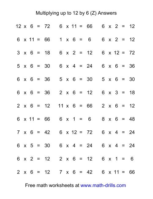 36 Horizontal Multiplication Facts Questions -- 6 by 0-12 (Z)