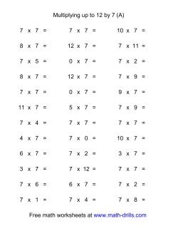 36 Horizontal Multiplication Facts Questions -- 7 by 0-12