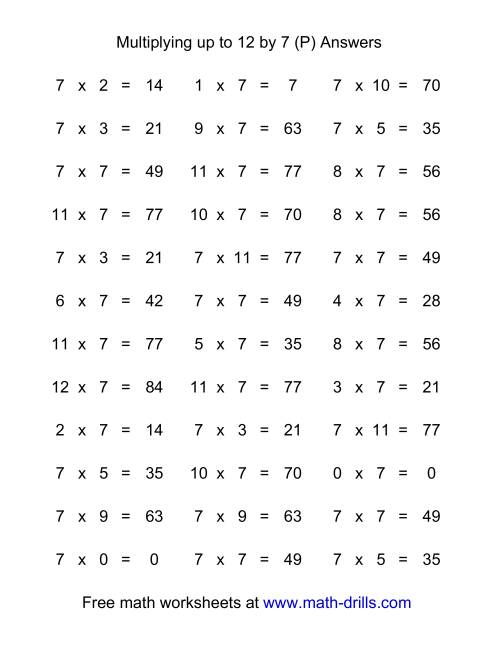 36 horizontal multiplication facts questions 7 by 0 12 p