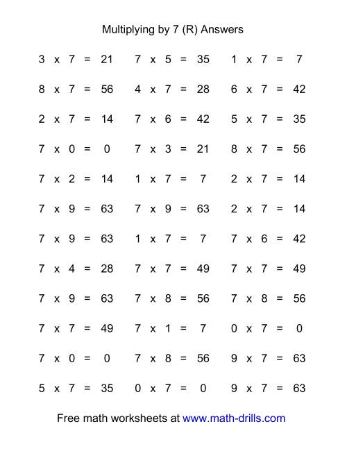 36 horizontal multiplication facts questions 7 by 0 9 r