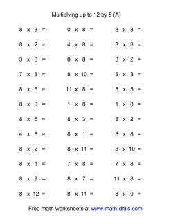 36 Horizontal Multiplication Facts Questions -- 8 by 0-12