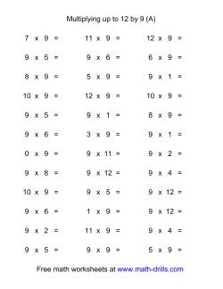 36 Horizontal Multiplication Facts Questions -- 9 by 0-12