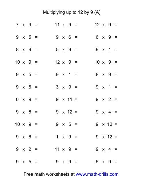 The 36 Horizontal Multiplication Facts Questions -- 9 by 0-12 (A) Math Worksheet