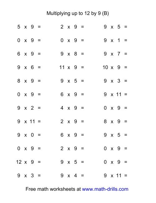 The 36 Horizontal Multiplication Facts Questions -- 9 by 0-12 (B) Math Worksheet