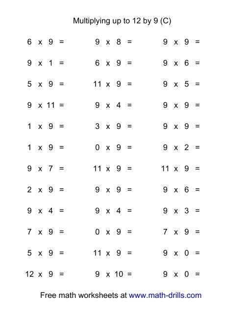 The 36 Horizontal Multiplication Facts Questions -- 9 by 0-12 (C) Math Worksheet