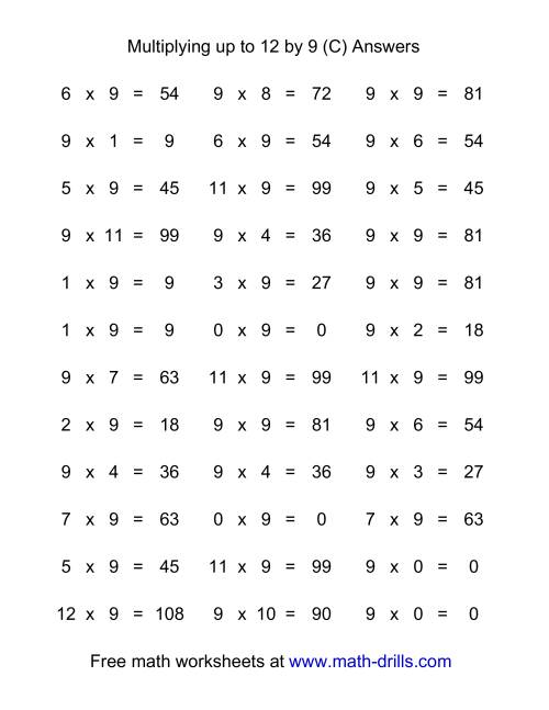 The 36 Horizontal Multiplication Facts Questions -- 9 by 0-12 (C) Math Worksheet Page 2