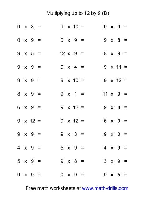 The 36 Horizontal Multiplication Facts Questions -- 9 by 0-12 (D) Math Worksheet