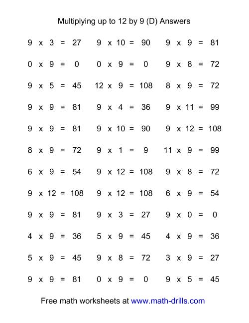 The 36 Horizontal Multiplication Facts Questions -- 9 by 0-12 (D) Math Worksheet Page 2