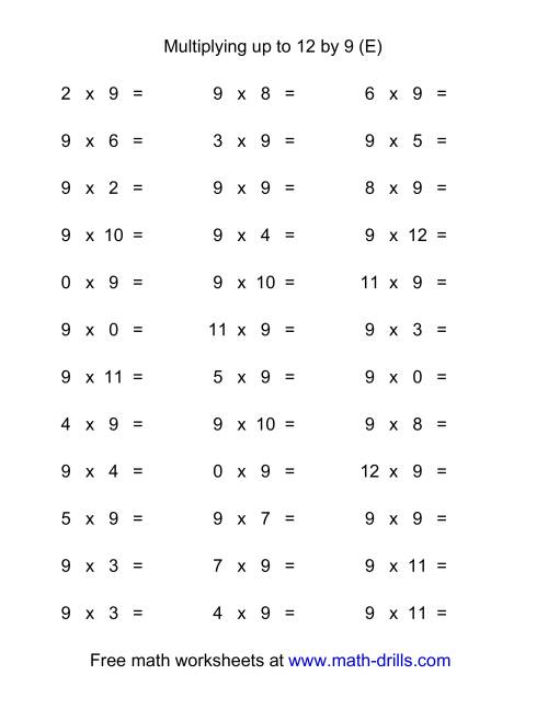 The 36 Horizontal Multiplication Facts Questions -- 9 by 0-12 (E) Math Worksheet