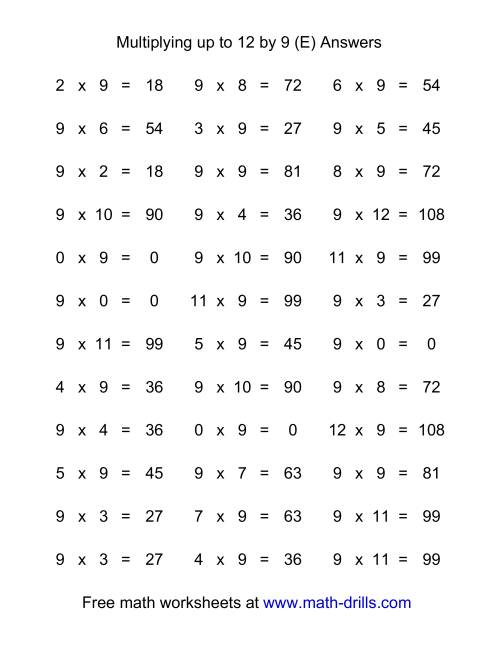 The 36 Horizontal Multiplication Facts Questions -- 9 by 0-12 (E) Math Worksheet Page 2