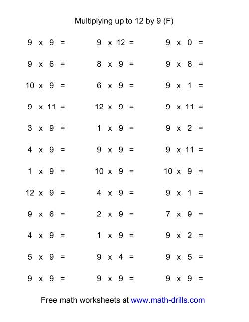 The 36 Horizontal Multiplication Facts Questions -- 9 by 0-12 (F) Math Worksheet