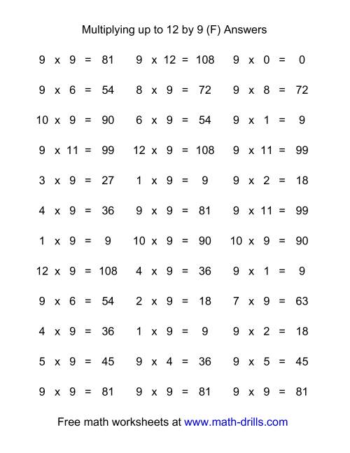 The 36 Horizontal Multiplication Facts Questions -- 9 by 0-12 (F) Math Worksheet Page 2