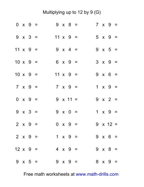 The 36 Horizontal Multiplication Facts Questions -- 9 by 0-12 (G) Math Worksheet