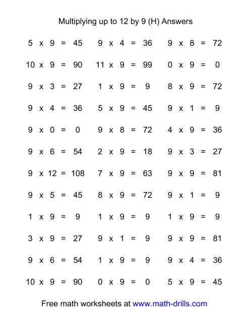 The 36 Horizontal Multiplication Facts Questions -- 9 by 0-12 (H) Math Worksheet Page 2