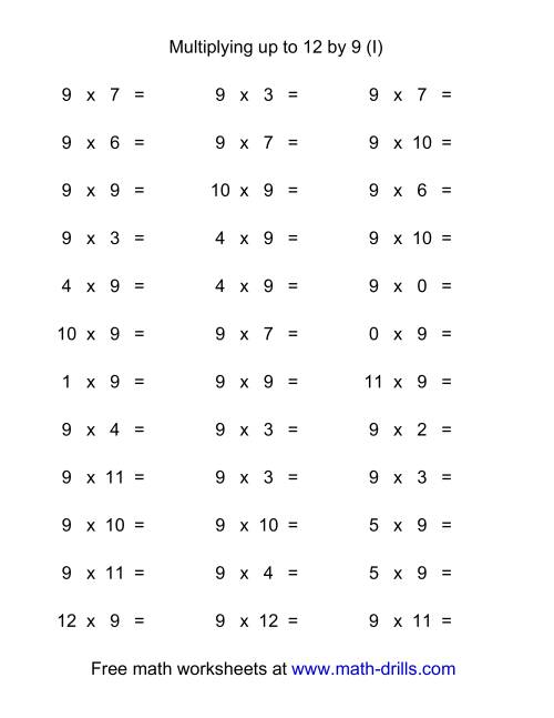 The 36 Horizontal Multiplication Facts Questions -- 9 by 0-12 (I) Math Worksheet