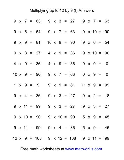 The 36 Horizontal Multiplication Facts Questions -- 9 by 0-12 (I) Math Worksheet Page 2