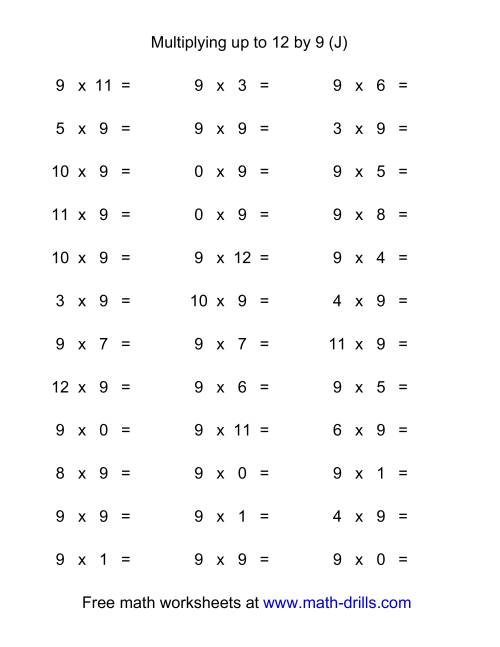 The 36 Horizontal Multiplication Facts Questions -- 9 by 0-12 (J) Math Worksheet